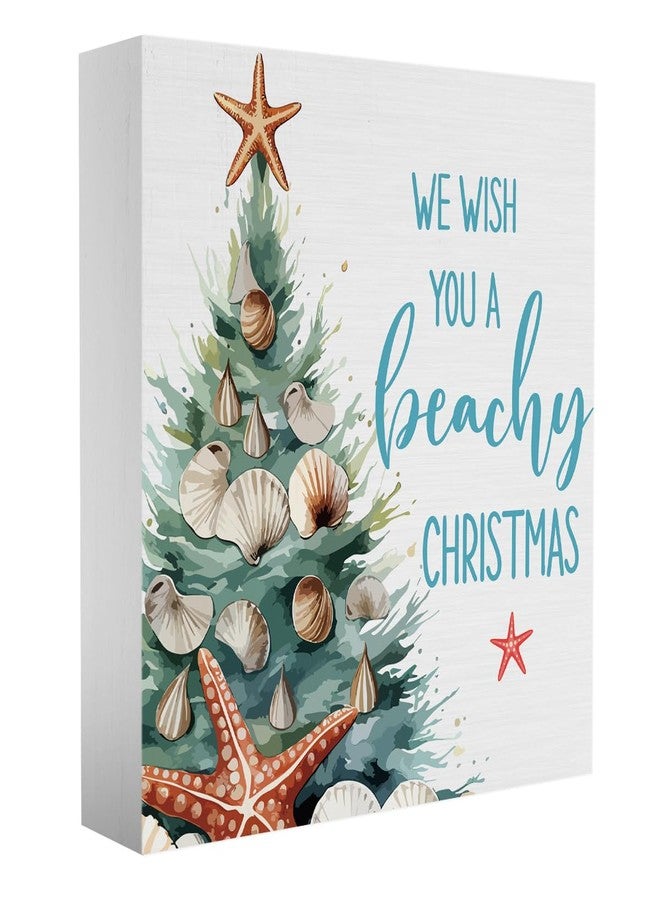 BARREEMO Coastal Beach Christmas Decor We Wish You A Beachy Christmas Tropical Decorations Wood Sign for Office Desk Table Shelf Home Decor 5 x 5 Inches - Image 1